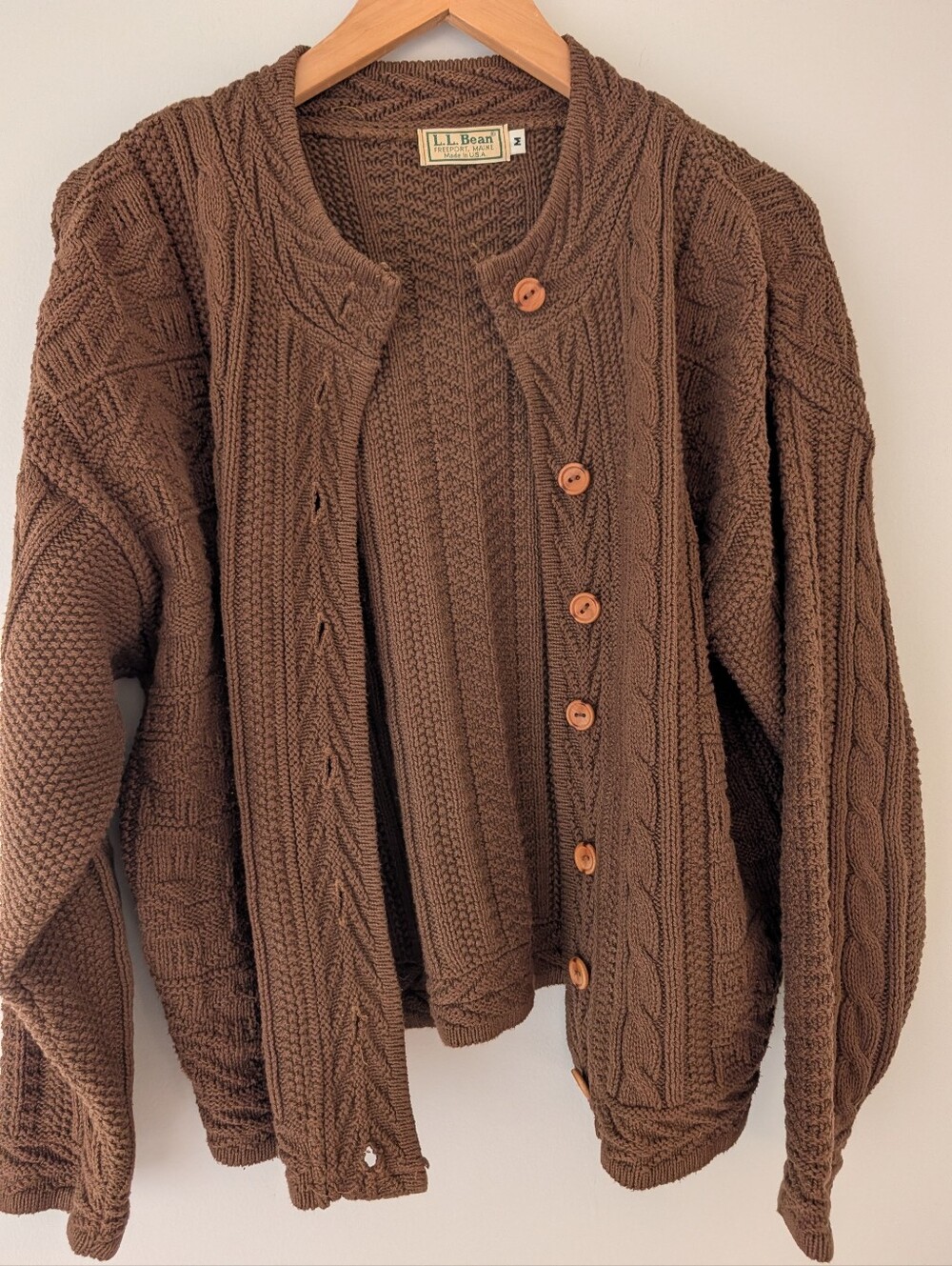 Vintage L.L.Bean Made USA Brown Cotton Cable Knit Cardigan Sweater M Cozy Autumn - Picture 3 of 8
